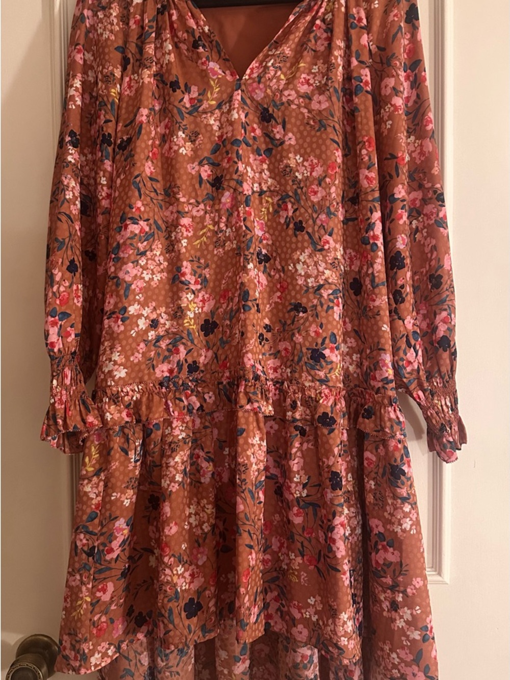 Ann Taylor Rose-Pink Floral Tiered Long-Sleeve Dress - Picture 4 of 5